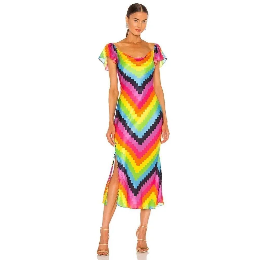 Olivia Rubin Amelia Silk Midi Dress in Rainbow Chevron